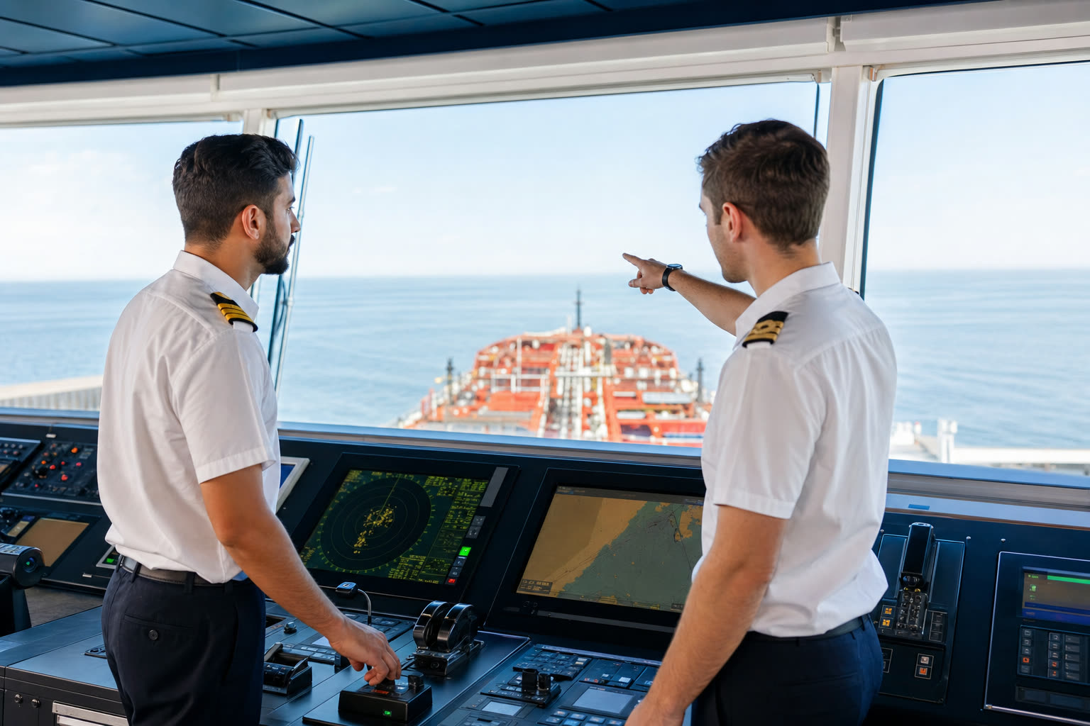 Two deck officers on a tanker bridge reviewing the passage ahead
