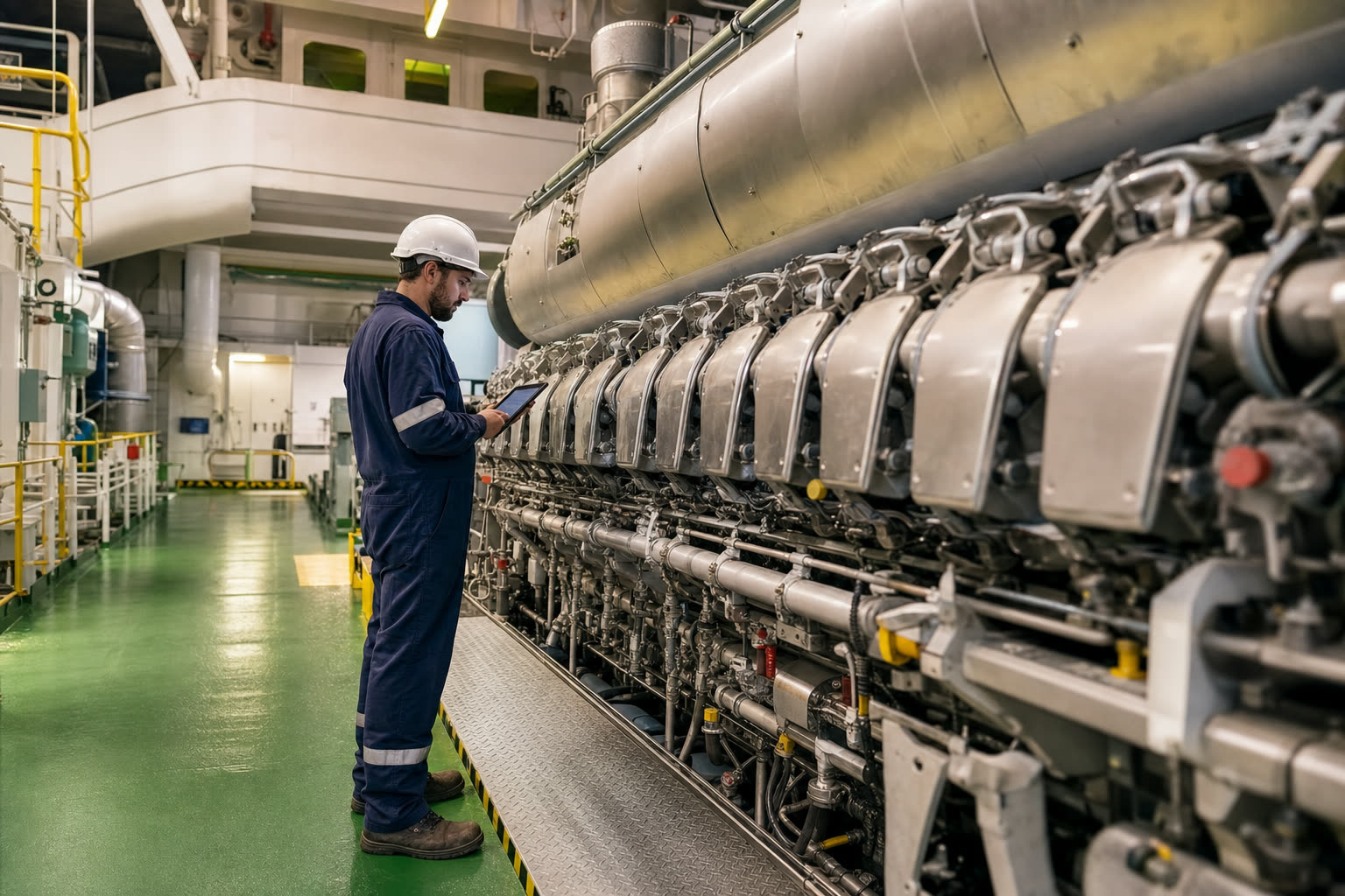 Engine room machinery space aboard a crude oil tanker